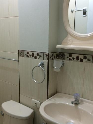 瓦尔梅Hospedaje de los Reyes的一间带水槽、卫生间和镜子的浴室