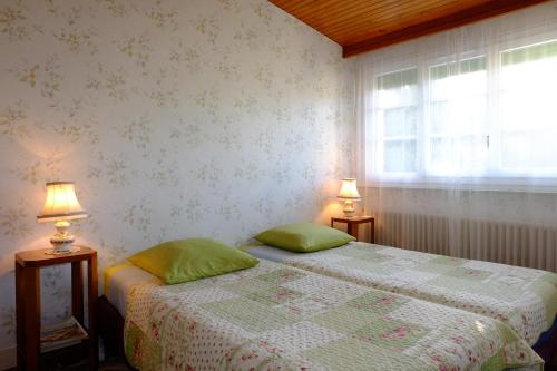 伊薇特河畔比尔B&B Le Cottage Paris Saclay的一间卧室配有两张单人床和两盏灯。
