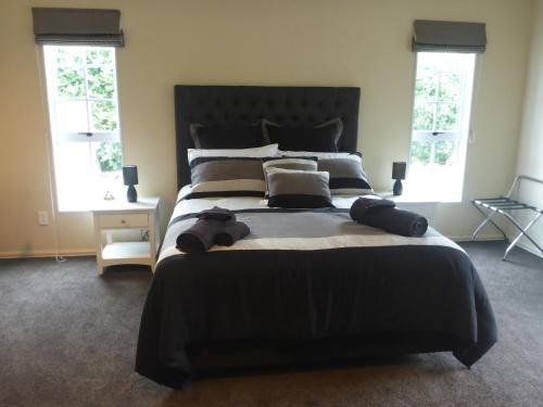 布伦海姆GMH Home Stay的卧室设有一张大型黑色床和两个窗户