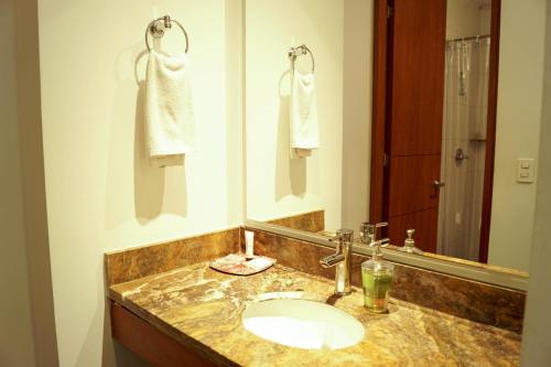 波哥大Hotel Factory Green Bogotá的一间带水槽和镜子的浴室