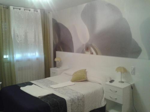 Fuentes de EbroHostal Texas 2的卧室配有一张床,墙上挂有绘画作品