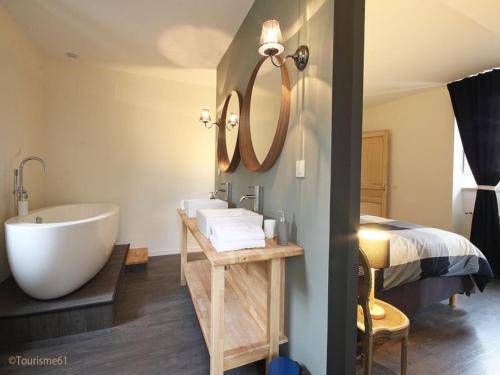 Neuvy-au-Houlme瑞巴洞庄园旅馆的带浴缸、水槽和床的浴室