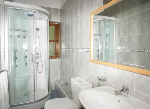 Cahecho薇薇安达斯汝雷乐思佩亚萨格拉酒店的带淋浴、卫生间和盥洗盆的浴室