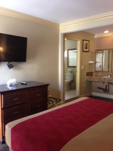 长滩帕西菲卡汽车旅馆的酒店客房设有一张大床和一间浴室。