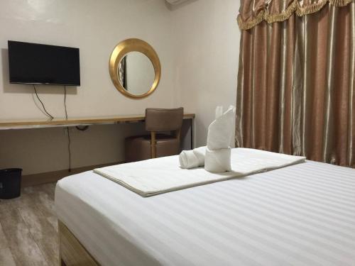 SolanoMeaco Hotel - Solano的一间卧室配有一张带镜子的床和一台电视