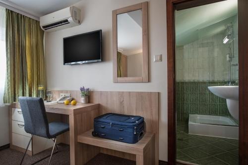 索非亚茉莉酒店的一间酒店客房,浴室里装有行李箱