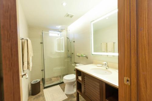 塞班冲浪者度假酒店的浴室配有卫生间、盥洗盆和淋浴。