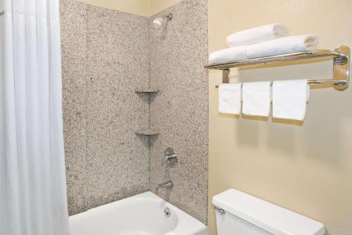 莱德森莱德森戴斯酒店的带淋浴、卫生间和毛巾的浴室