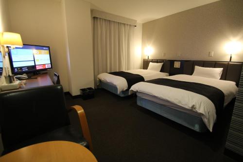 雾岛市阿帕鹿儿岛酒店的酒店客房设有两张床和电视。