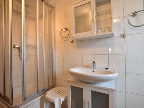 海利根达姆Cozy Apartment near Forest in Heiligendamm的一间带水槽和淋浴的浴室