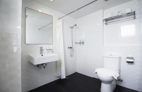 新加坡Harbour Ville Hotel的浴室配有卫生间、盥洗盆和淋浴。