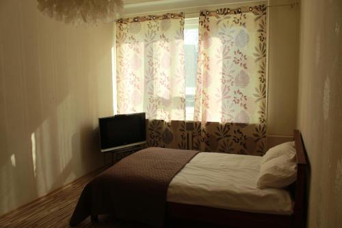 纳尔瓦Happy Day的一间卧室设有一张床和一个带电视的窗户。