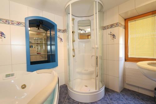 格雷兴Hotel Alpina Dependance vom Hotel Desiree的带淋浴和盥洗盆的浴室