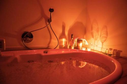 布鲁萨珀尔图周雅豪华公寓酒店的浴室配有红色浴缸,浴室设有照明设施