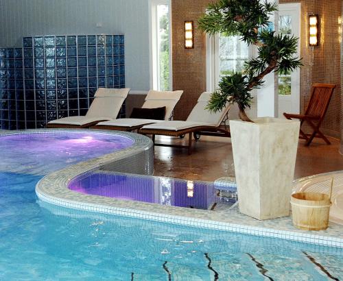 费尔维克Arendal Herregaard Spa & Resort的一个带椅子的游泳池,一个棕榈树,位于酒店客房内