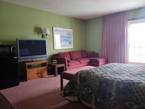 KewauneeHarbor Lights Lodge的一间配备有沙发及电视的酒店客房