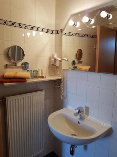 施特拉尔松德佩阿尔特斯塔德特酒店的一间带水槽和镜子的浴室