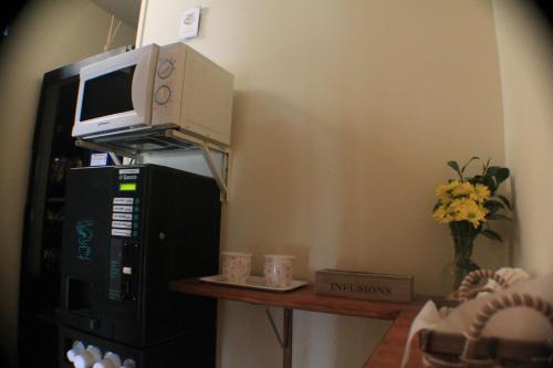 塞哥维亚拉朱德里亚住宿酒店的一间房间,配有电脑和架子上的微波炉