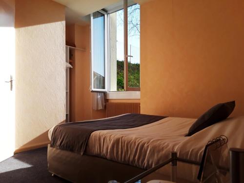 埃维昂莱班依云快车 - 总站酒店的一间卧室设有一张床和一个窗口