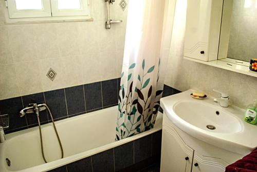 ValsamátaPanochori Apartment的浴室设有水槽、浴缸和淋浴帘。