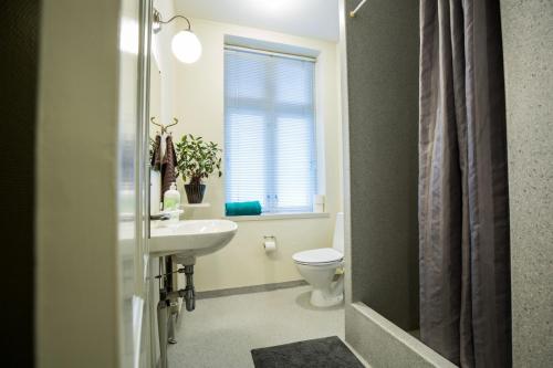 霍尔斯特布罗Bed & Breakfast Holstebro的一间带水槽和卫生间的浴室以及窗户。