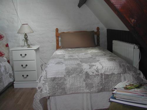 Coulouvray-BoisbenâtreL'Auvraire B&B的一间卧室配有一张床和一个带灯的床头柜