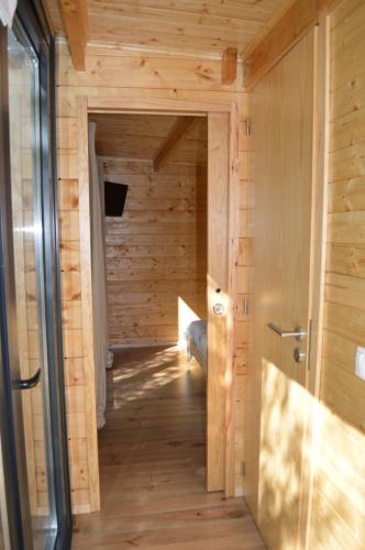 阿格达Bamboo Guest House的小木屋内的一个桑拿浴室,设有门