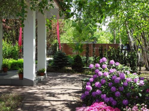 罗兹弗洛拉酒店的种有紫色花卉和凉亭的花园
