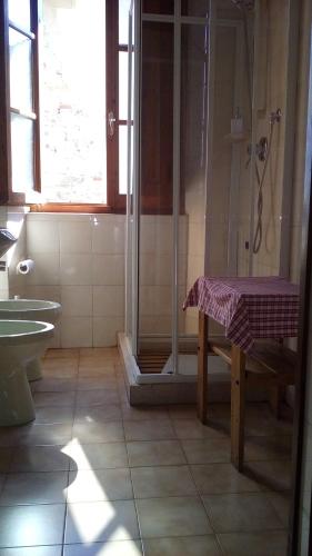 潘札诺Little B&B Della Pieve的带淋浴的浴室和桌子