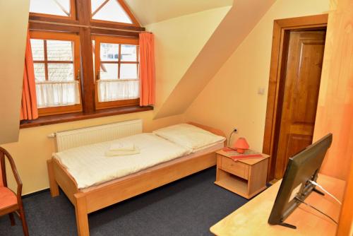 BravačovPenzión Schweintaal的一间小卧室,配有一张床、一张书桌和窗户