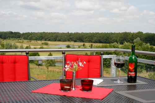 格赫伦-莱宾Villa Harmonie W2的一张桌子,上面放着一瓶葡萄酒和两杯酒