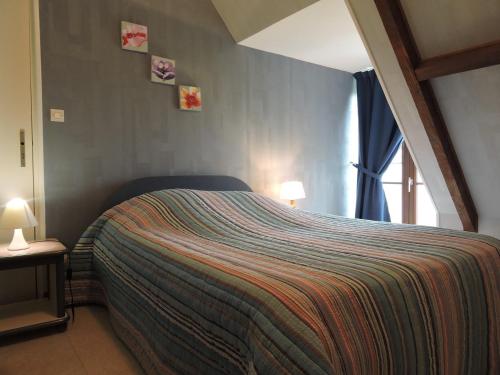 Mareuil-sur-CherLes Berges的一间卧室配有一张带彩色毯子的床