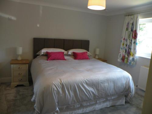 剑桥Woodfield Self-Catering apartment的一间卧室配有一张大床和两个红色枕头