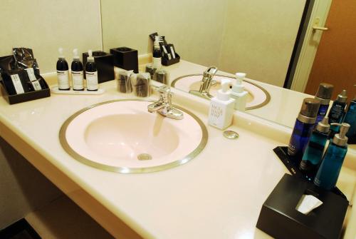 坂井市九重福井酒店的浴室的柜台设有水槽和镜子