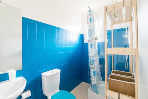 布科·莱斯白老城Le Studio Bleu de la gare的蓝色的浴室设有卫生间和淋浴。