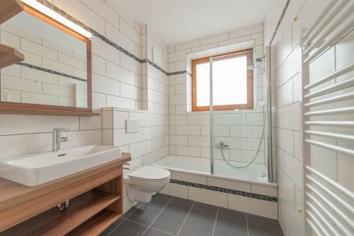魏斯布里阿赫Hotel Naggler Weissbriach的浴室配有盥洗盆、卫生间和淋浴。