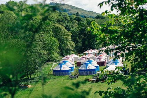 瓦伊河畔海伊Festival Yurts Hay-on-Wye的一片田野里一群蓝色、红色和白色的帐篷