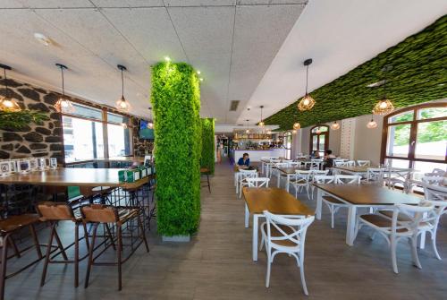 普伦西亚Hotel Boutique Bahía de Plentzia的一间带桌椅和绿色墙壁的餐厅