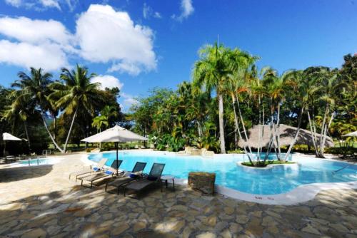 圣斐利-银港蓝杰塔酒店的一个带椅子和棕榈树的度假村游泳池