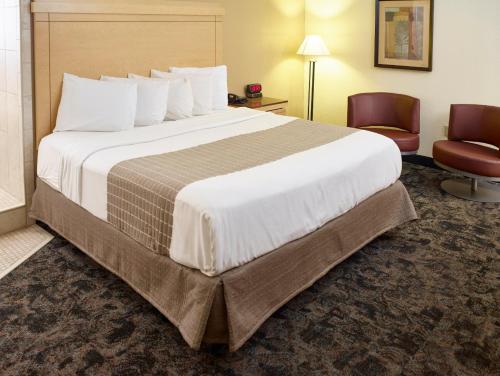 伯恩斯维尔明尼阿波利斯南部/伯恩斯维尔生活酒店的酒店客房带一张大床和一把椅子