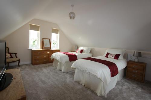 索尔瓦Glenside Cottage with Hot Tub的一间卧室配有两张床和镜子