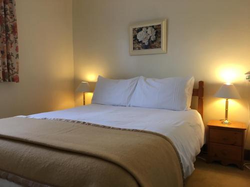 克雷格纽尔Shieling Holidays Mull的一间卧室配有一张带白色床单和两盏灯的床。