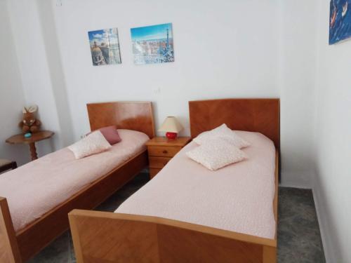圣康斯坦丁诺斯弗希奥提达Anastasia - Efthimios Apartments的一间卧室设有两张床和床头柜