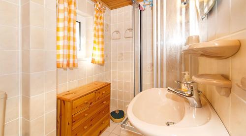 柯尼希施泰因易北Ferienwohnung Liliensteinblick的一间带水槽和淋浴的小浴室