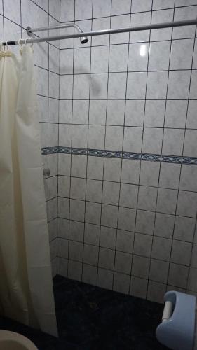 万卡约Tour Hostal Wanka的浴室设有白色瓷砖淋浴和卫生间