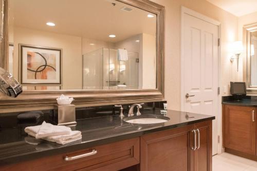 拉斯维加斯真正一卧室套房公寓式酒店 - 享有MGM招牌及大道的美景的一间带水槽和大镜子的浴室