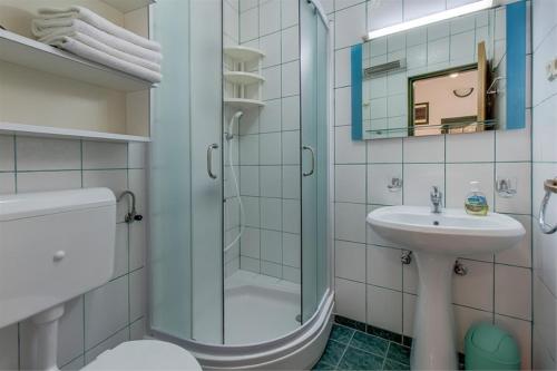 大洛希尼Apartment Julia的带淋浴、盥洗盆和卫生间的浴室