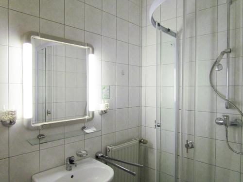 萨尔堡希布里克酒店 的带淋浴、盥洗盆和镜子的浴室