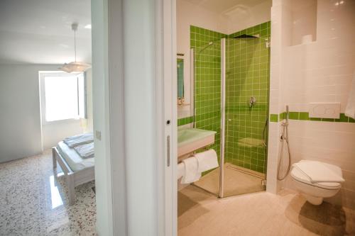 提尼亚类Prà de la Fam B&B的带淋浴和卫生间的浴室以及绿色瓷砖。