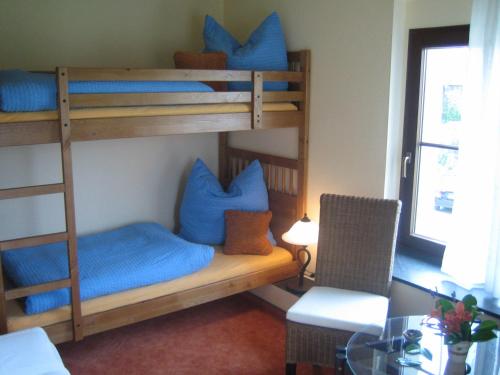 德累斯顿Ferienwohnung TOSCANA的客房设有2张双层床和蓝色枕头。